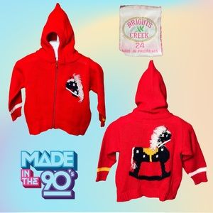 VTG 90's BRIGHTS CREEK Red Acrylic Knit Zip Up Hoodie W/ Rocking Horse 24 months